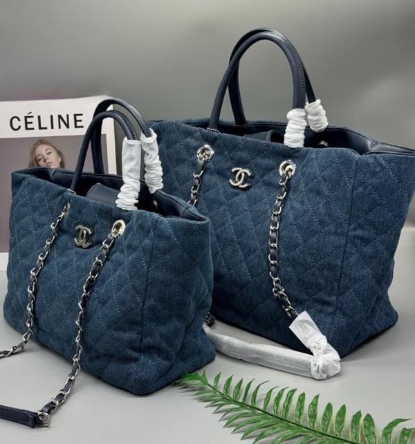 샤* 데님 퀄팅 체인 토트백